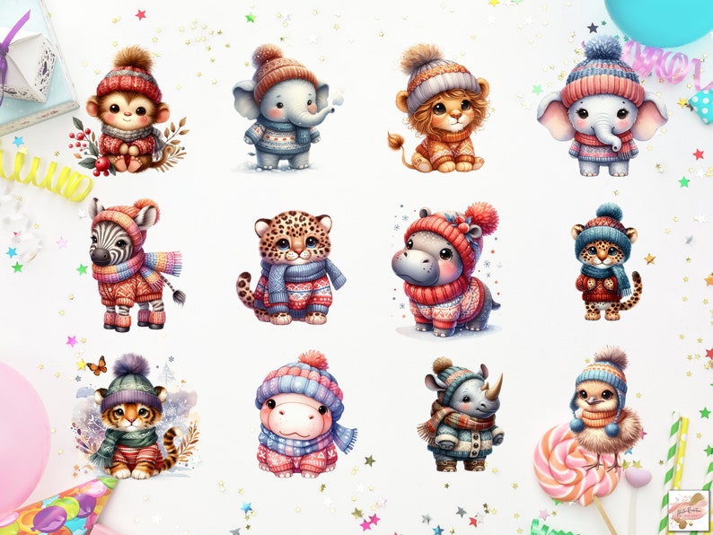 May include: Twelve adorable animal illustrations wearing winter hats and scarves. The animals include a monkey, elephant, lion, zebra, leopard, hippopotamus, rhinoceros, tiger, and a chick. The illustrations are in a cartoon style and are perfect for a children's book or other creative project.
