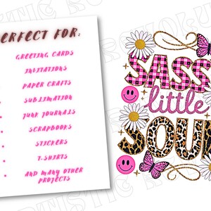 May include: A digital design featuring the text "Sassy little SOUL" in pink and gold glitter lettering. The text is surrounded by pink and black checkered patterns, leopard print, and pink and white daisies. The design is ideal for crafting projects such as greeting cards, invitations, paper crafts, and t-shirts.