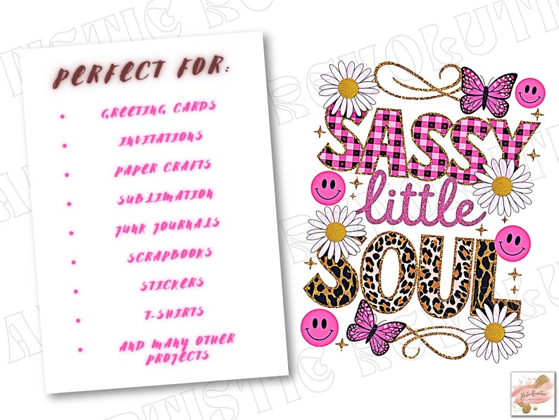 May include: A digital design featuring the text "Sassy little SOUL" in pink and gold glitter lettering. The text is surrounded by pink and black checkered patterns, leopard print, and pink and white daisies. The design is ideal for crafting projects such as greeting cards, invitations, paper crafts, and t-shirts.