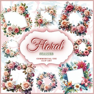 65 Kwiatowe Ramki Clipart Bundle Kwiatowe Obramowania Clipart, Akwarela Róża Ramka Clipart PNG Dzikie Kwiaty Kwiatowe Obramowanie PNG Kwiatowy Wieniec Clipart