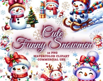 Watercolor Cute Christmas Snowman Clipart Bundle, Cute Snowman Png Bundle, Cute Snowman Sublimation Designs, Cute Christmas Tree Clipart