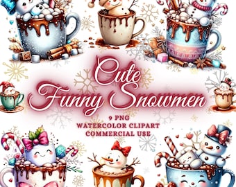 Cute Snowman Png Bundle, Watercolor Cute Christmas Snowman Clipart Bundle, Cute Snowman Sublimation Designs, Cute Christmas Coffee Clipart