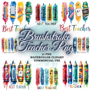 May include: A set of 11 watercolor clipart images featuring colorful pencils, school supplies, and the text "Best Teacher". The images are perfect for teachers, classrooms, and educational projects.