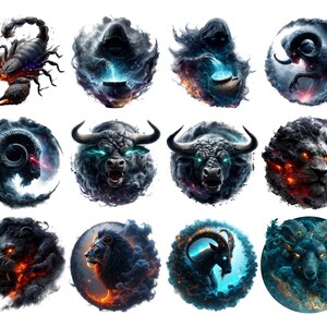 May include: A collection of twelve zodiac sign illustrations. Each circular design features a detailed depiction of a zodiac symbol, such as a scorpion, ram, or lion, rendered in dark, smoky colors with glowing accents.