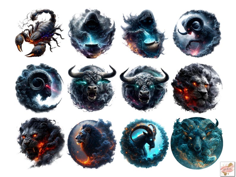 May include: A collection of twelve zodiac sign illustrations. Each circular design features a detailed depiction of a zodiac symbol, such as a scorpion, ram, or lion, rendered in dark, smoky colors with glowing accents.