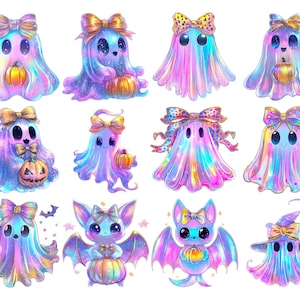 Puede incluir: Una colecci&oacute;n de ilustraciones coloridas de estilo caricatura que presentan fantasmas y murci&eacute;lagos con lazos y calabazas. Los fantasmas tienen una apariencia fluida e iridiscente, mientras que los murci&eacute;lagos tienen ojos grandes y alas. El tema es Halloween.