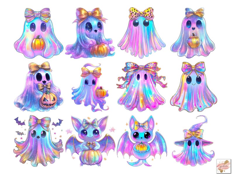 Puede incluir: Una colecci&oacute;n de ilustraciones coloridas de estilo caricatura que presentan fantasmas y murci&eacute;lagos con lazos y calabazas. Los fantasmas tienen una apariencia fluida e iridiscente, mientras que los murci&eacute;lagos tienen ojos grandes y alas. El tema es Halloween.