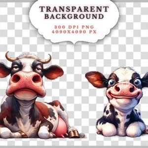 May include: A digital illustration featuring two cartoon cows. One cow is lying down with a grumpy expression, and the other is a calf with a big smile. The image includes the text "TRANSPARENT BACKGROUND" and details about the image size.