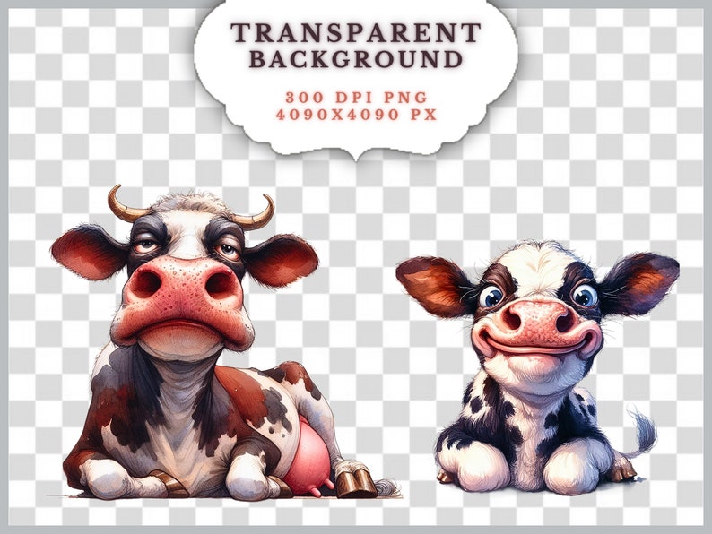 May include: A digital illustration featuring two cartoon cows. One cow is lying down with a grumpy expression, and the other is a calf with a big smile. The image includes the text "TRANSPARENT BACKGROUND" and details about the image size.