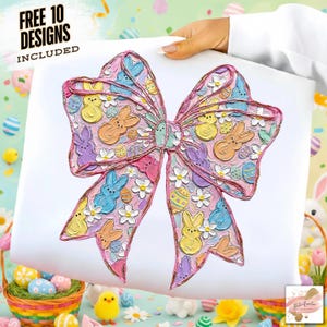 May include: A white pillow featuring a large, colorful bow design with Easter-themed elements. The bow is pink with yellow, blue, and purple bunnies, eggs, and flowers. Text at the top reads "FREE 10 DESIGNS INCLUDED."