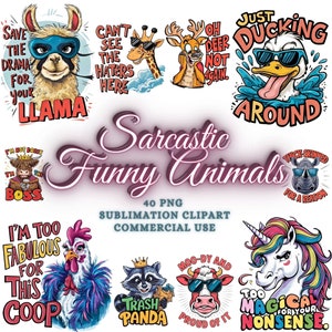 Pacote de citações sarcásticas, pacote de citações engraçadas, pacote PNG de animais engraçados, clipart de animais engraçados, pacote de designs de sublimação de animais sarcásticos