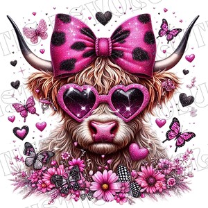 May include: A Highland cow with pink heart-shaped sunglasses and a pink bow with black polka dots. The cow is surrounded by pink flowers and butterflies.