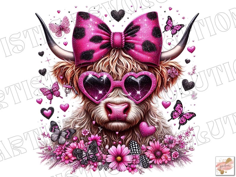 May include: A Highland cow with pink heart-shaped sunglasses and a pink bow with black polka dots. The cow is surrounded by pink flowers and butterflies.