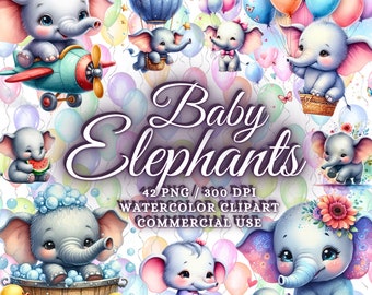 Paquete de 42 imágenes prediseñadas de adorables elefantes bebés en acuarela, imágenes prediseñadas de elefantes lindos en formato PNG, imágenes prediseñadas de animales lindos en acuarela en formato PNG para sublimación.