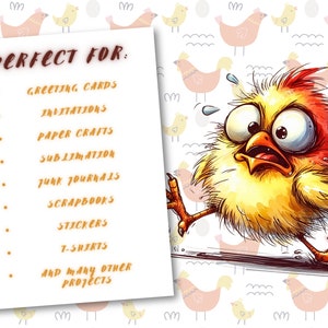 May include: A cartoon illustration of a panicked chick with wide eyes, running. The chick is yellow and red, with sweat droplets. A list on a white background reads "PERFECT FOR:" followed by various craft projects, including greeting cards and stickers. The background has a pattern of chickens.