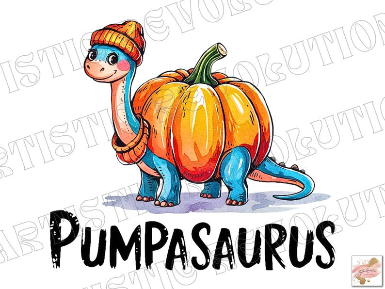 May include: A blue dinosaur wearing a pumpkin costume. The dinosaur is wearing a brown and orange knit hat. The text "Pumpasaurus" is written in black below the dinosaur.