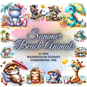 Acuarela verano playa lindos animales clipart paquete, verano clipart verano animales clipart animal sublimación png paquete, verano animales png
