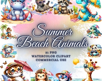 水彩画風の夏のビーチのかわいい動物のクリップアートバンドル、夏のクリップアート、夏の動物のクリップアート、動物の昇華PNGバンドル、夏の動物PNG