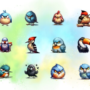 May include: A collection of 12 cartoon birds with various colors and expressions. The birds are drawn in a whimsical style with bright colors and bold outlines.
