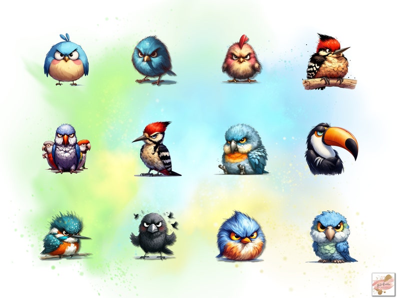 May include: A collection of 12 cartoon birds with various colors and expressions. The birds are drawn in a whimsical style with bright colors and bold outlines.