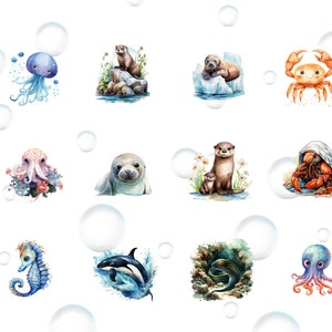 May include: A set of 10 watercolor illustrations of sea creatures, including an octopus, a seahorse, a jellyfish, a seal, an otter, a crab, a hermit crab, and an orca. The illustrations are surrounded by white bubbles.