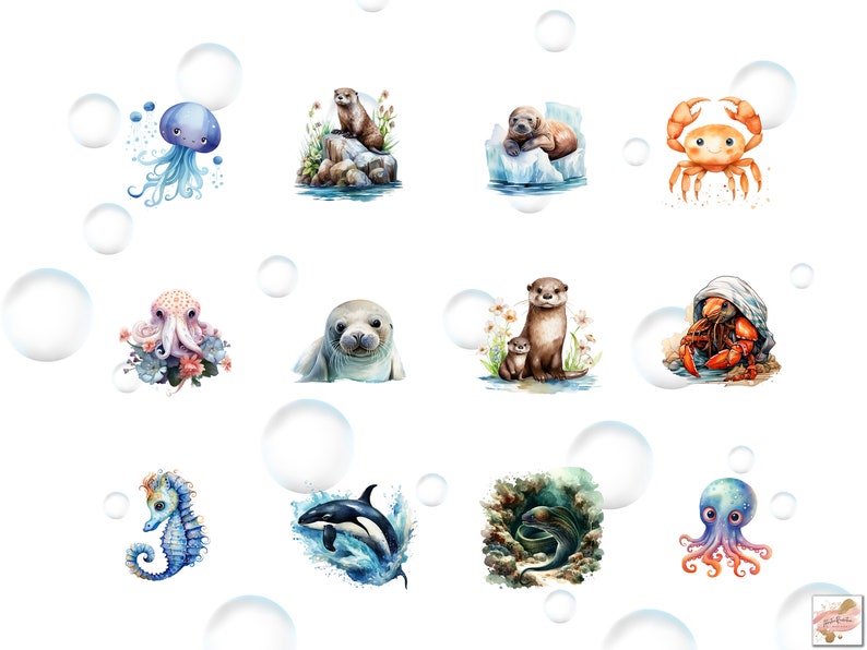 May include: A set of 10 watercolor illustrations of sea creatures, including an octopus, a seahorse, a jellyfish, a seal, an otter, a crab, a hermit crab, and an orca. The illustrations are surrounded by white bubbles.