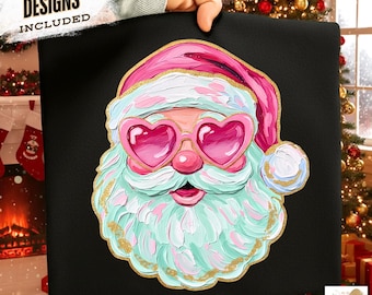 Hand-painted Retro Santa Christmas Png, Preppy Brushstroke Christmas Png Pink Vintage Christmas Santa PNG, Holiday Sublimation Shirt Design