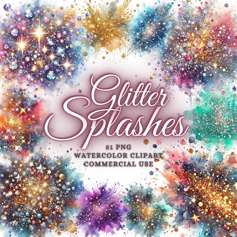 May include: A collection of watercolor glitter splash designs in various colors, including gold, blue, purple, and pink. The image includes the text "Glitter Splashes", "51 PNG", "Watercolor Clipart", and "Commercial Use".