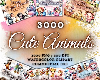 3000 Aquarell süße Tiere Clipart MEGA BUNDLE, Baby Tiere Clipart Bundle, lustige Tiere Clipart Bundle, Tier Sublimations Png Bundle