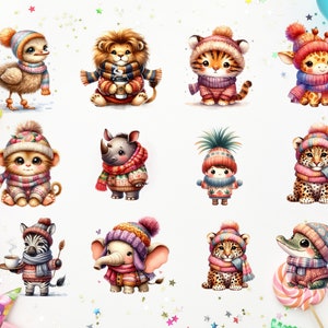 May include: Twelve adorable animal illustrations with winter hats and scarves. Each animal is depicted in a cartoon style with bright colors and playful expressions. The animals include a lion, a tiger, a giraffe, a rhino, a monkey, a penguin, a zebra, an elephant, a leopard, a crocodile, and a human-like character with a pineapple on their head.