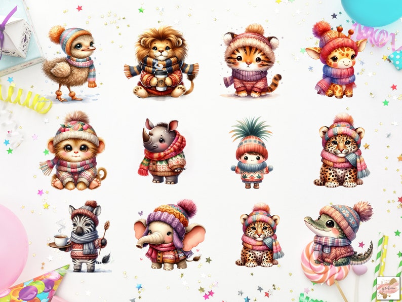 May include: Twelve adorable animal illustrations with winter hats and scarves. Each animal is depicted in a cartoon style with bright colors and playful expressions. The animals include a lion, a tiger, a giraffe, a rhino, a monkey, a penguin, a zebra, an elephant, a leopard, a crocodile, and a human-like character with a pineapple on their head.