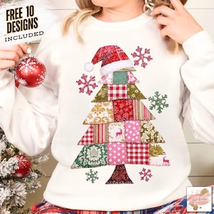 May include: White sweatshirt with a Christmas tree design made from patchwork fabric. The tree is topped with a Santa hat and surrounded by snowflakes. The text "FREE 10 DESIGNS INCLUDED" is at the top left.