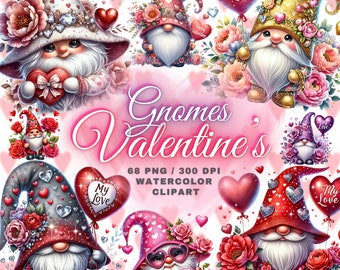 67 Watercolor Valentines Gnomes Clipart, Valentines Gnomes Bundle, Festive Gnomes Clipart PNG, Watercolor Cute Gnomes Valentine's Days Png