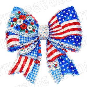 May include: A patriotic bow featuring the American flag design with red and white stripes and blue fields of white stars. The bow is adorned with floral accents and a gingham pattern, perfect for festive decorations.