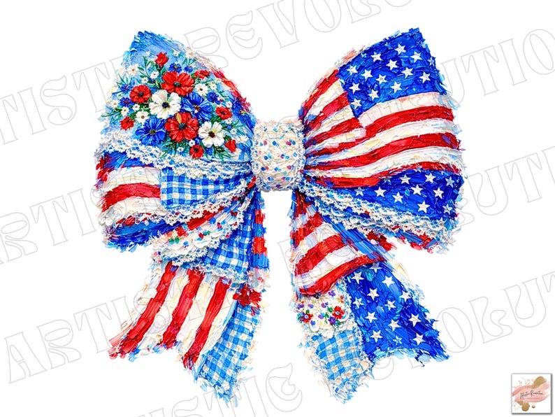 May include: A patriotic bow featuring the American flag design with red and white stripes and blue fields of white stars. The bow is adorned with floral accents and a gingham pattern, perfect for festive decorations.