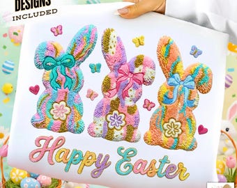 Faux Yarn Happy Easter Png, Crochet Latch Hook Easter Bunny Png, Coquette Bow Bunny Png, Preppy Easter Png, Faux Embroidery Easter Png