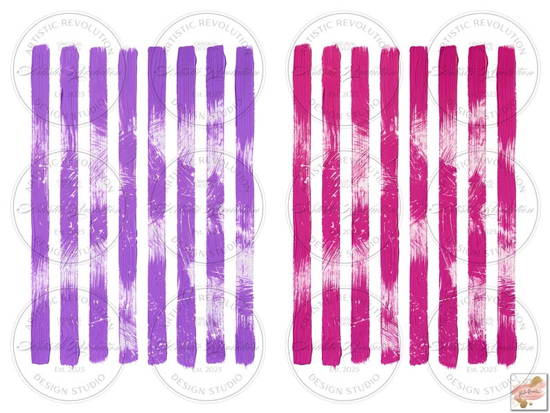 May include: Two abstract designs with vertical brushstrokes. One features purple strokes, the other pink. Each design has a white background and circular text that reads "ARTISTIC REVOLUTION DESIGN STUDIO Est. 2023".