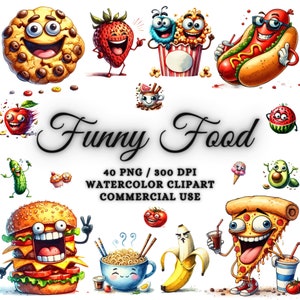 40 paquete de imágenes prediseñadas de comida divertida, imágenes prediseñadas de comida de acuarela, comida linda png, bebidas png, imágenes prediseñadas de bebidas, lindo paquete de imágenes prediseñadas de Kawaii, comida svg png
