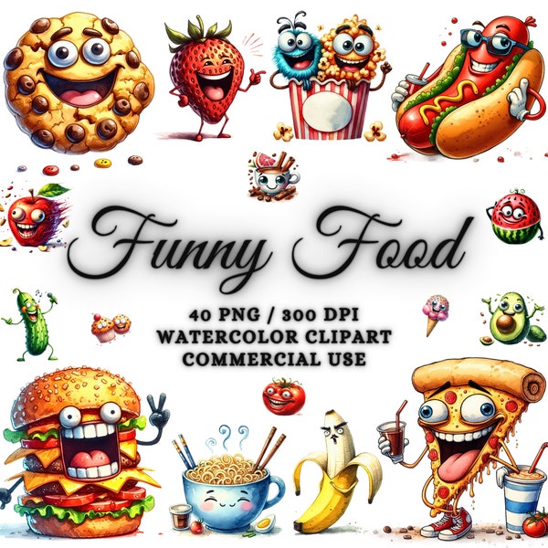 40 Funny Food Clipart Bundle, Watercolor Food Clipart, Cute Food Png, Drinks Png, Drinks Clipart, Cute Kawaii Clipart Bundle, Food Svg Png
