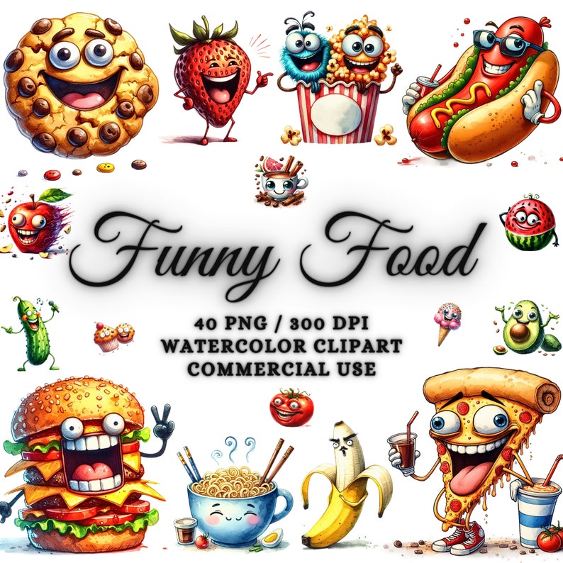 40 roliga mat clipart-paket, akvarell mat clipart, söt mat png, drycker png, drycker clipart, söt kawaii clipart-paket, mat svg png bild 1