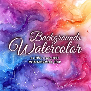 May include: Abstract watercolor backgrounds in shades of pink, purple, blue, and yellow with white speckles. The text "Backgrounds Watercolor" is written in a stylized font. The text "51 JPG / 300 DPI COMMERCIAL USE" is also included.