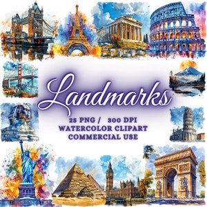 Aquarela Marcos Clipart, Marcos Png Torre Eiffel, Taj Mahal, Estátua Da Liberdade, Coliseu Paris Clipart Viagens Clipart Ilustrações