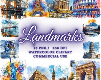 Aquarel monumenten clipart, monumenten png Eiffeltoren, Taj Mahal, Vrijheidsbeeld, Colosseum Parijs clipart reizen clipart illustraties