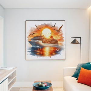 May include: Watercolor painting of a cruise ship sailing on the ocean at sunset. The sun is a bright yellow orb, and the sky is a mix of orange and yellow. Several seagulls are flying in the sky.