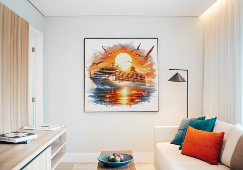 May include: Watercolor painting of a cruise ship sailing on the ocean at sunset. The sun is a bright yellow orb, and the sky is a mix of orange and yellow. Several seagulls are flying in the sky.