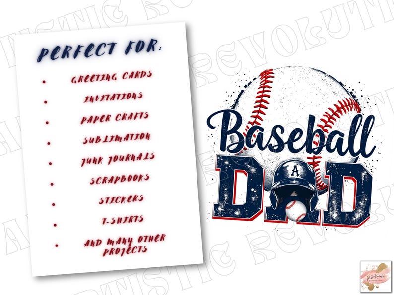 May include: A digital design featuring a baseball with red stitching and the words "Baseball Dad" in blue and red letters. The design is perfect for creating greeting cards, invitations, paper crafts, sublimation projects, junk journals, scrapbooks, stickers, t-shirts, and many other projects.