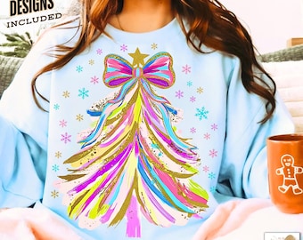 Colorful Coquette Christmas Tree Png, Preppy Christmas Png, Pink Glitter Brushstroke Christmas Png, Christmas Tree Shirt Design Sublimation