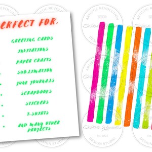 May include: A white card with the text "PERFECT FOR:" in red, followed by a list of craft projects in green. To the right, a series of colorful brushstrokes in pink, green, blue, yellow, orange, and red.