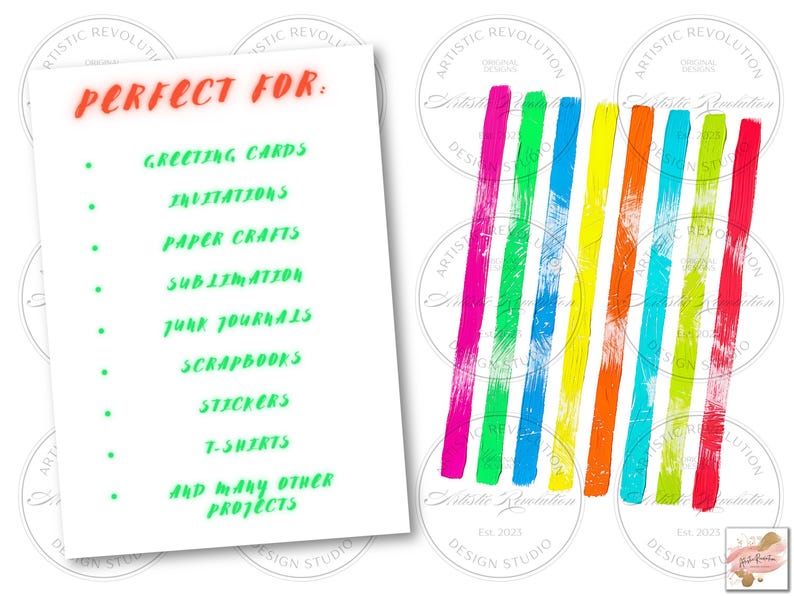 May include: A white card with the text "PERFECT FOR:" in red, followed by a list of craft projects in green. To the right, a series of colorful brushstrokes in pink, green, blue, yellow, orange, and red.