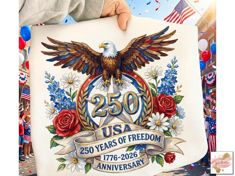 以下が含まれることがあります： 鷲のイラストと「250 Years of Freedom」と「1776-2026 Anniversary」の文字が入った愛国的なデザイン。赤、白、青の色使いで、花柄とバナーが特徴です。